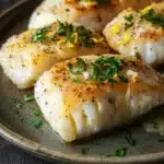 Lemon butter baked cod - the image shows three pieces of fish fillets on a dark brown plate. the fillets are golden brown and appear to be seasoned with herbs and spices. the plate is garnished with a sprig of parsley. the background is blurred, but it appears to be a wooden table. the overall mood of the image is rustic and appetizing.