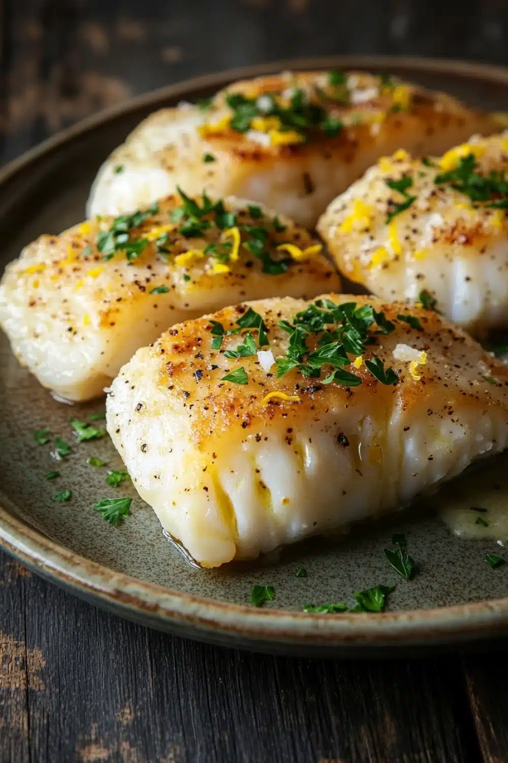 Lemon butter baked cod - the image shows three pieces of fish fillets on a dark brown plate. the fillets are golden brown and appear to be seasoned with herbs and spices. the plate is garnished with a sprig of parsley. the background is blurred, but it appears to be a wooden table. the overall mood of the image is rustic and appetizing.