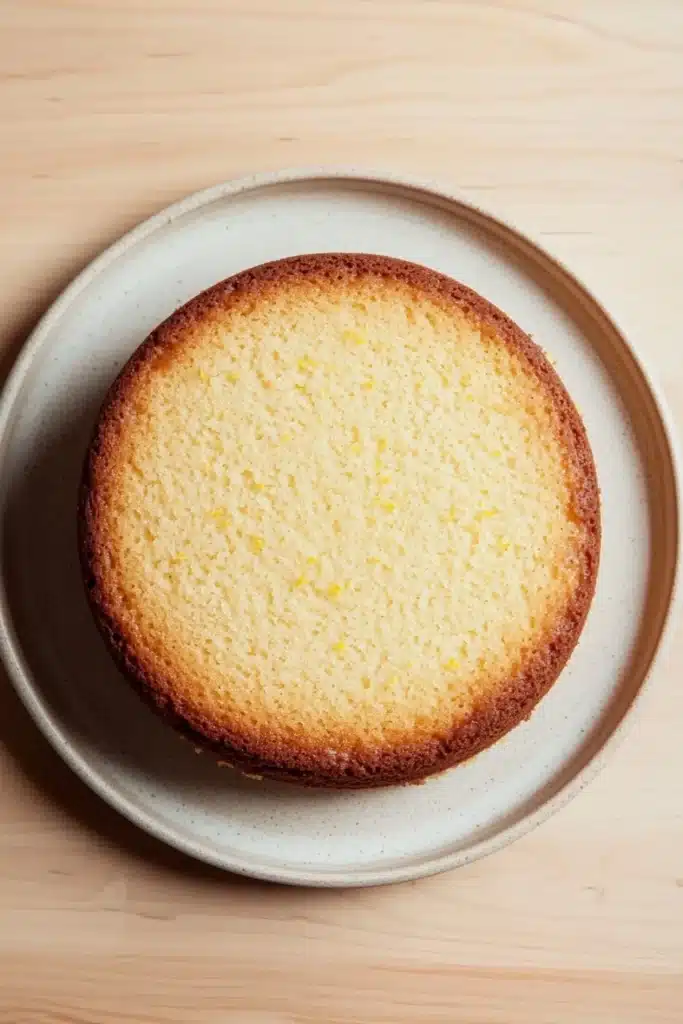 Lemon cake layer - the image is a close-up of a round cake on a white plate. the cake appears to be freshly baked and has a golden brown crust on top. the plate is placed on a light-colored wooden surface. the background is blurred, making the cake the focal point of the image.