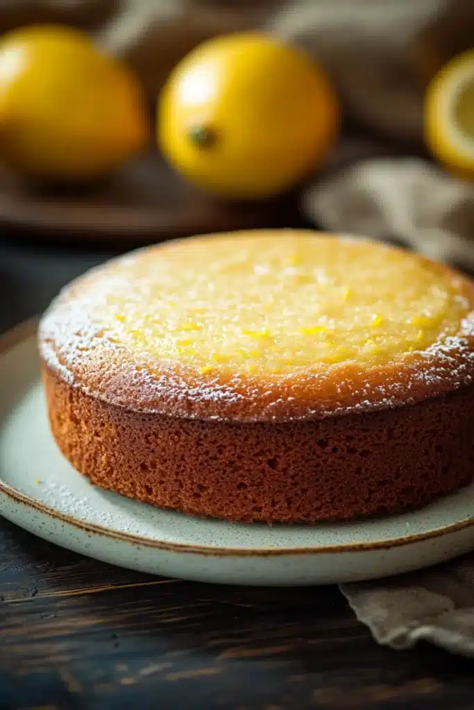 Lemon cake low sugar - the image shows a round cake on a white plate with a blue rim. the cake appears to be a lemon cake with a golden brown crust and a light dusting of powdered sugar on top. in the background, there are three whole lemons and a beige cloth napkin. the table is made of dark wood and the background is blurred, making the cake the focal point of the image.