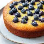 Lemon cake with blueberries - the image is of a round cake on a white plate. the cake appears to be freshly baked and has a golden brown crust. on top of the cake, there are fresh blueberries arranged in a circular pattern. the blueberries are bright blue and look ripe and juicy. the plate has a light blue speckled pattern around the edges. the background is blurred, making the cake the focal point of the image.