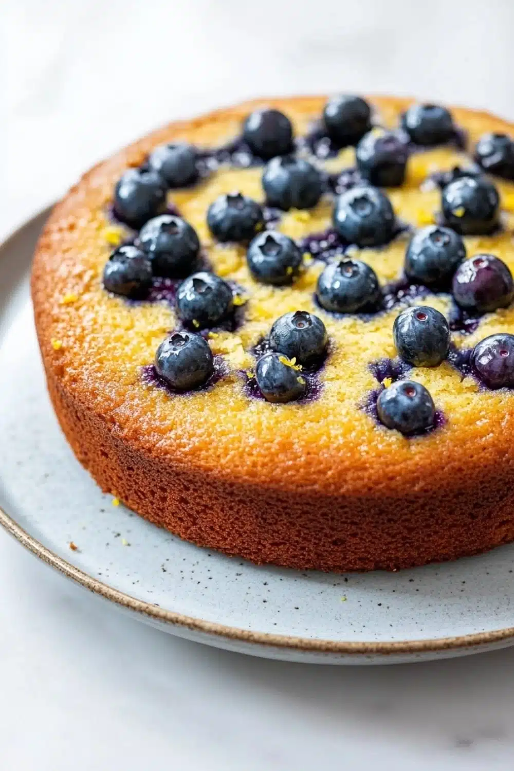 Lemon cake with blueberries - the image is of a round cake on a white plate. the cake appears to be freshly baked and has a golden brown crust. on top of the cake, there are fresh blueberries arranged in a circular pattern. the blueberries are bright blue and look ripe and juicy. the plate has a light blue speckled pattern around the edges. the background is blurred, making the cake the focal point of the image.
