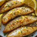 Lemon tilapia air fryer - the image shows a plate of grilled fish fillets with lemon wedges on the side. the fillets are golden brown and appear to be seasoned with herbs and spices. the plate is white and round, and the fish are arranged in a single layer on the plate. there are also a few small pieces of corn scattered around the plate, adding a pop of color to the dish. the background is dark, making the plate and fish stand out.