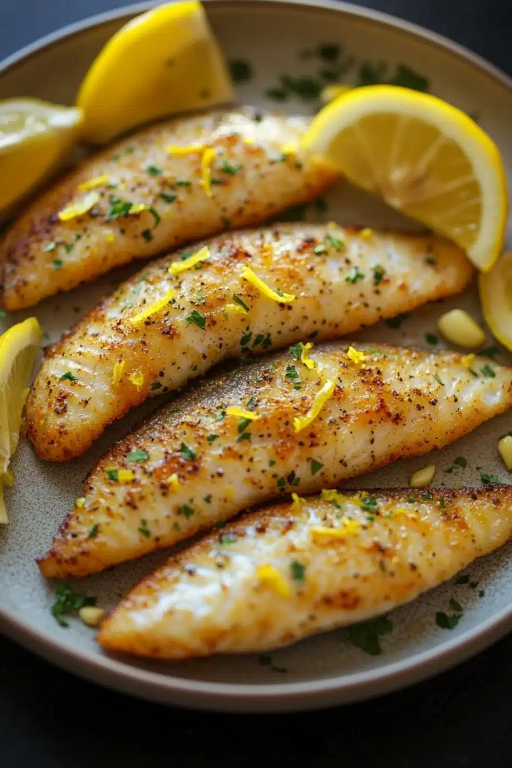 Lemon tilapia air fryer - the image shows a plate of grilled fish fillets with lemon wedges on the side. the fillets are golden brown and appear to be seasoned with herbs and spices. the plate is white and round, and the fish are arranged in a single layer on the plate. there are also a few small pieces of corn scattered around the plate, adding a pop of color to the dish. the background is dark, making the plate and fish stand out.