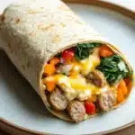 Low cal freezer breakfast - the image shows a wrap on a white plate. the wrap is made of a tortilla and is filled with a variety of ingredients. on top of the wrap, there is a layer of melted cheese, which appears to be melted and oozing out of the sides. there are also chunks of sausage, red bell peppers, and green leafy vegetables scattered throughout the wrap. the plate is sitting on a wooden table.