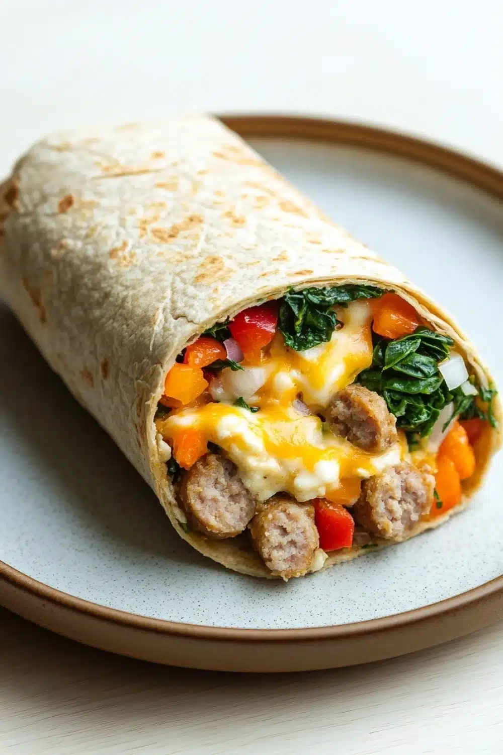 Low cal freezer breakfast - the image shows a wrap on a white plate. the wrap is made of a tortilla and is filled with a variety of ingredients. on top of the wrap, there is a layer of melted cheese, which appears to be melted and oozing out of the sides. there are also chunks of sausage, red bell peppers, and green leafy vegetables scattered throughout the wrap. the plate is sitting on a wooden table.