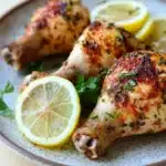 Low calorie chicken leg quarters - the image shows two whole chicken drumsticks on a plate with lemon wedges and parsley. the drumsticks are golden brown and appear to be seasoned with herbs and spices. the plate is white with a speckled pattern and is placed on a wooden table. there are also a few slices of lemon scattered around the plate. the background is blurred, but it appears to be a kitchen countertop.