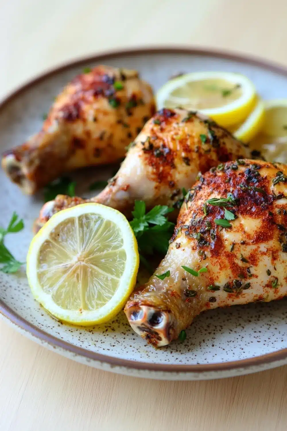Low calorie chicken leg quarters - the image shows two whole chicken drumsticks on a plate with lemon wedges and parsley. the drumsticks are golden brown and appear to be seasoned with herbs and spices. the plate is white with a speckled pattern and is placed on a wooden table. there are also a few slices of lemon scattered around the plate. the background is blurred, but it appears to be a kitchen countertop.