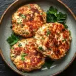 Low calorie chicken patties - the image shows a plate of three crab cakes on a dark grey background. the crab cakes are golden brown and appear to be seasoned with herbs and spices. they are arranged in a circular pattern on the plate, with a sprig of parsley on the side. the plate is made of ceramic and has a light blue rim. the overall color scheme of the image is warm and earthy, with the crab cakes standing out against the dark background.