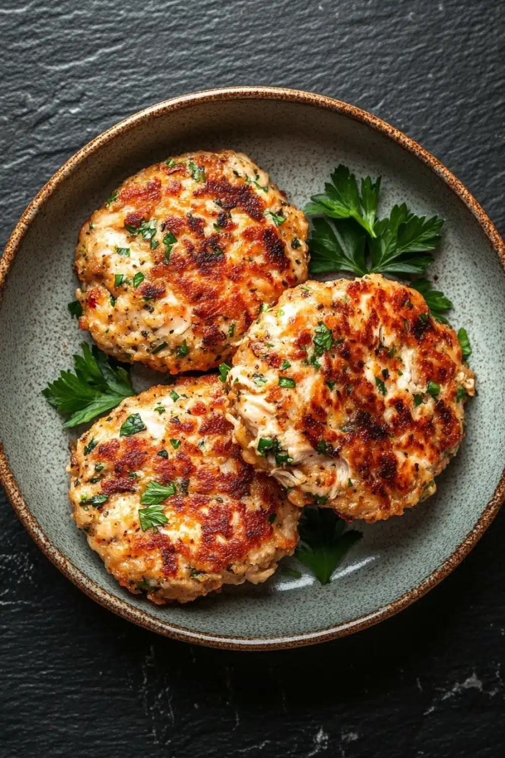 Low calorie chicken patties - the image shows a plate of three crab cakes on a dark grey background. the crab cakes are golden brown and appear to be seasoned with herbs and spices. they are arranged in a circular pattern on the plate, with a sprig of parsley on the side. the plate is made of ceramic and has a light blue rim. the overall color scheme of the image is warm and earthy, with the crab cakes standing out against the dark background.