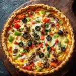 Low carb deep dish pizza quiche - the image is of a freshly baked quiche on a wooden cutting board. the quiche has a golden brown crust and is filled with a mixture of ground beef, red bell peppers, black olives, and cheese. the cheese is melted and bubbly, and there are small pieces of herbs scattered throughout the dish. the cutting board is placed on a dark grey textured surface.