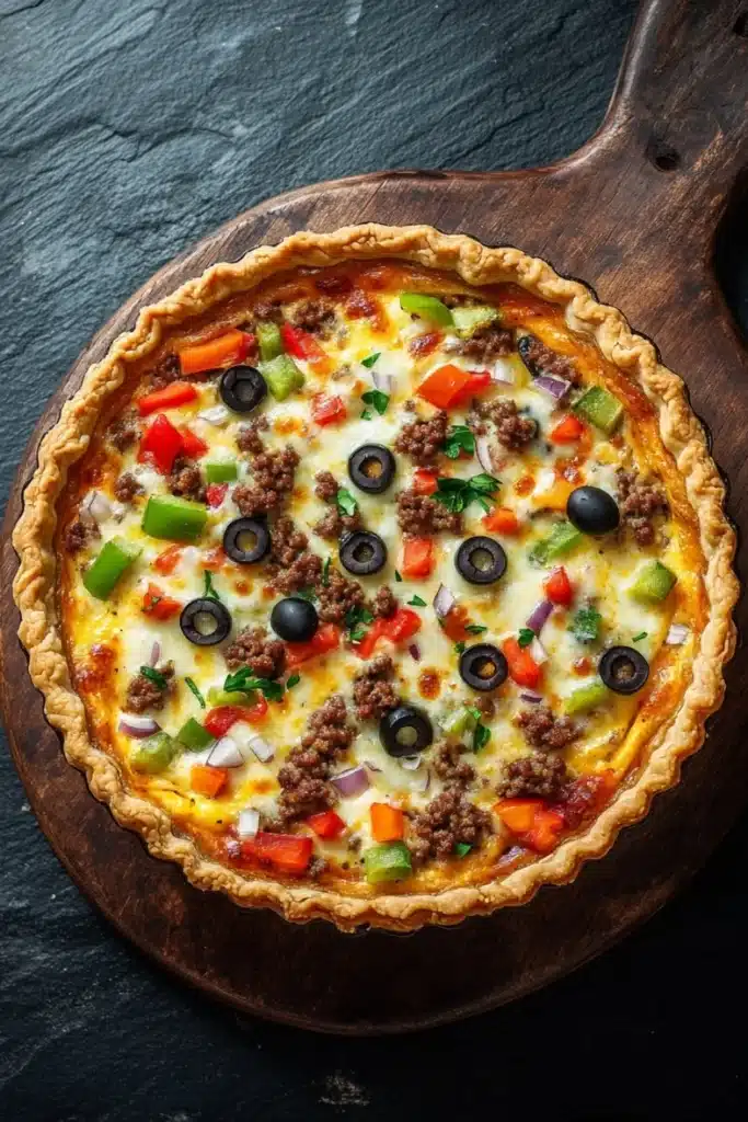 Low carb deep dish pizza quiche - the image is of a freshly baked quiche on a wooden cutting board. the quiche has a golden brown crust and is filled with a mixture of ground beef, red bell peppers, black olives, and cheese. the cheese is melted and bubbly, and there are small pieces of herbs scattered throughout the dish. the cutting board is placed on a dark grey textured surface.