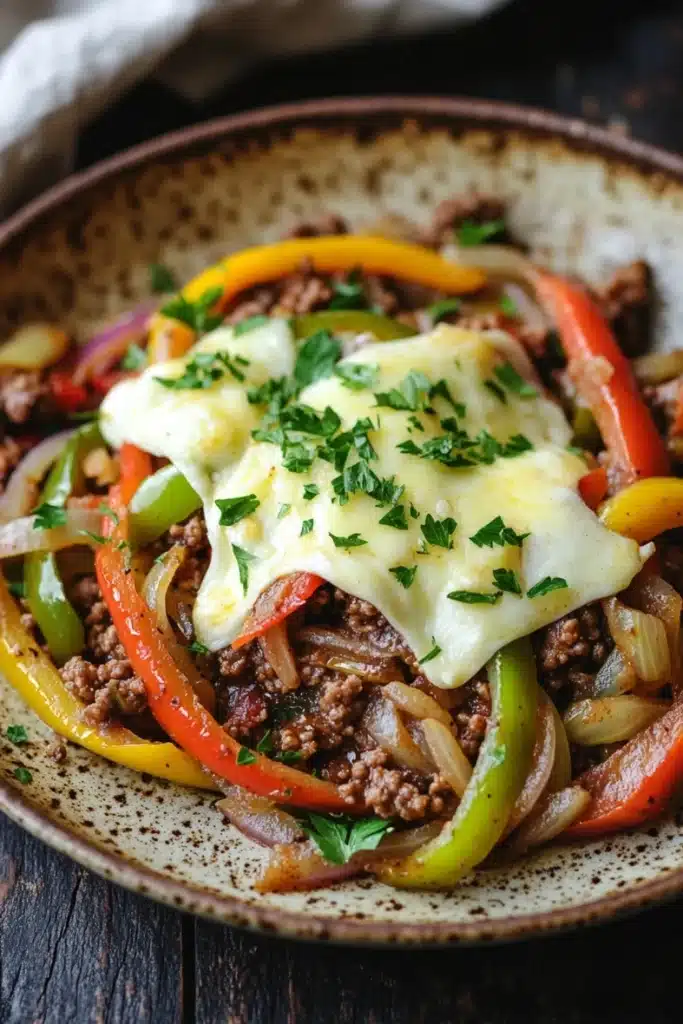 Low carb philly cheese steak skillet with ground beef - the image is a close-up of a dish in a brown and white speckled bowl. the dish appears to be a stir-fry with ground beef, red and yellow bell peppers, onions, and a poached egg on top. the egg is covered in a layer of melted cheese and is garnished with fresh parsley. the bowl is sitting on a wooden table with a white cloth napkin in the background.