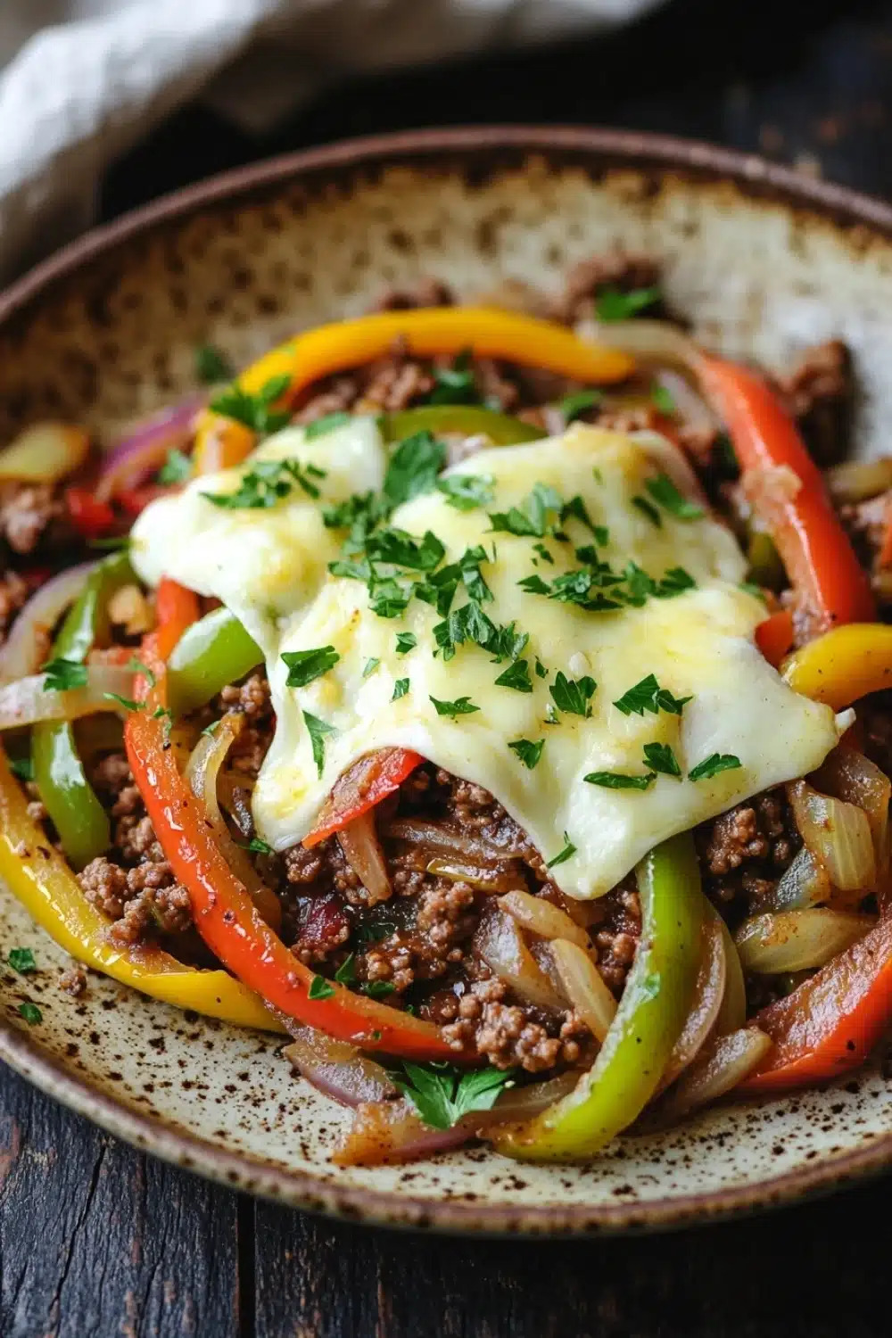 Low carb philly cheese steak skillet with ground beef - the image is a close-up of a dish in a brown and white speckled bowl. the dish appears to be a stir-fry with ground beef, red and yellow bell peppers, onions, and a poached egg on top. the egg is covered in a layer of melted cheese and is garnished with fresh parsley. the bowl is sitting on a wooden table with a white cloth napkin in the background.