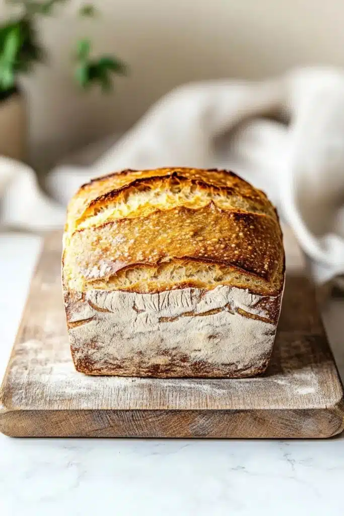 Low carb yeast sandwich bread - the image shows a loaf of bread on a wooden cutting board. the bread appears to be freshly baked and has a golden brown crust on top. the loaf is sitting on a white marble countertop with a white cloth napkin and a potted plant in the background. the overall aesthetic of the image is rustic and homey.