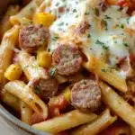 Make ahead italian sausage and pasta bake - the image is a close-up of a bowl of pasta dish. the pasta appears to be penne, which is a type of penne pasta. it is cooked al dente and is topped with chunks of sausage, diced tomatoes, and chunks of corn. the dish is garnished with chopped parsley. the bowl is made of ceramic and is sitting on a wooden table. the background is blurred, so the focus is on the pasta and the dish.