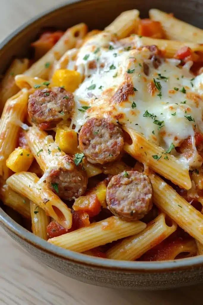 Make ahead italian sausage and pasta bake - the image is a close-up of a bowl of pasta dish. the pasta appears to be penne, which is a type of penne pasta. it is cooked al dente and is topped with chunks of sausage, diced tomatoes, and chunks of corn. the dish is garnished with chopped parsley. the bowl is made of ceramic and is sitting on a wooden table. the background is blurred, so the focus is on the pasta and the dish.