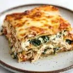 Make ahead keto chicken lasagna - the image shows a slice of lasagna on a plate. the lasagna is made with layers of chicken, spinach, and cheese. the top layer is golden brown and has melted cheese on top. the plate is white with a brown rim and is sitting on a white countertop. the dish appears to be freshly baked and ready to eat.