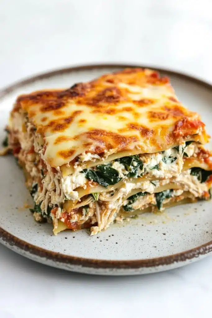 Make ahead keto chicken lasagna - the image shows a slice of lasagna on a plate. the lasagna is made with layers of chicken, spinach, and cheese. the top layer is golden brown and has melted cheese on top. the plate is white with a brown rim and is sitting on a white countertop. the dish appears to be freshly baked and ready to eat.