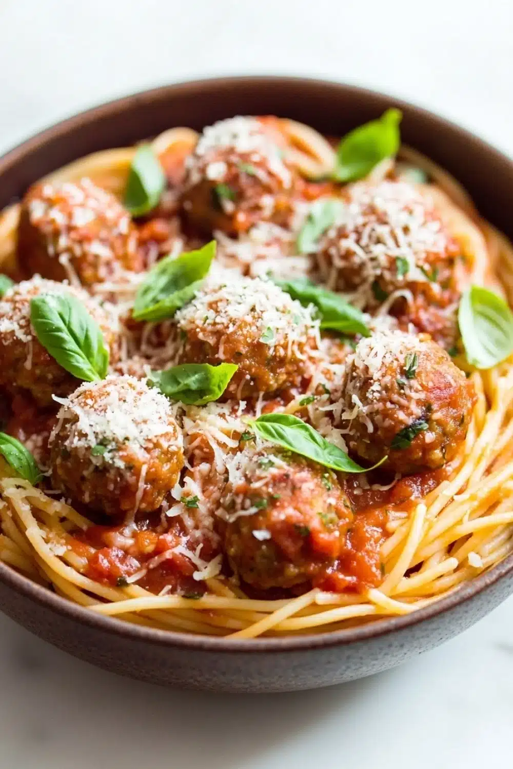 Make ahead pasta and meatballs - the image is a close-up of a bowl of spaghetti and meatballs. the spaghetti is cooked al dente and is covered in a red tomato sauce with chunks of meat and grated cheese on top. the meatballs are arranged in a circular pattern and are garnished with fresh basil leaves. the bowl is made of dark brown ceramic and is sitting on a white marble countertop. the overall color scheme of the dish is warm and inviting.