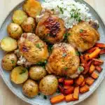 Marinated chicken thigh dinner - the image shows a plate of food with a variety of ingredients. on the left side of the plate, there are roasted potatoes, carrots, and rice. the potatoes are golden brown and appear to be seasoned with herbs and spices. the carrots are bright orange and look freshly cooked. the rice is white and fluffy, and there are a few sprigs of parsley scattered on top. the plate is sitting on a wooden table.
