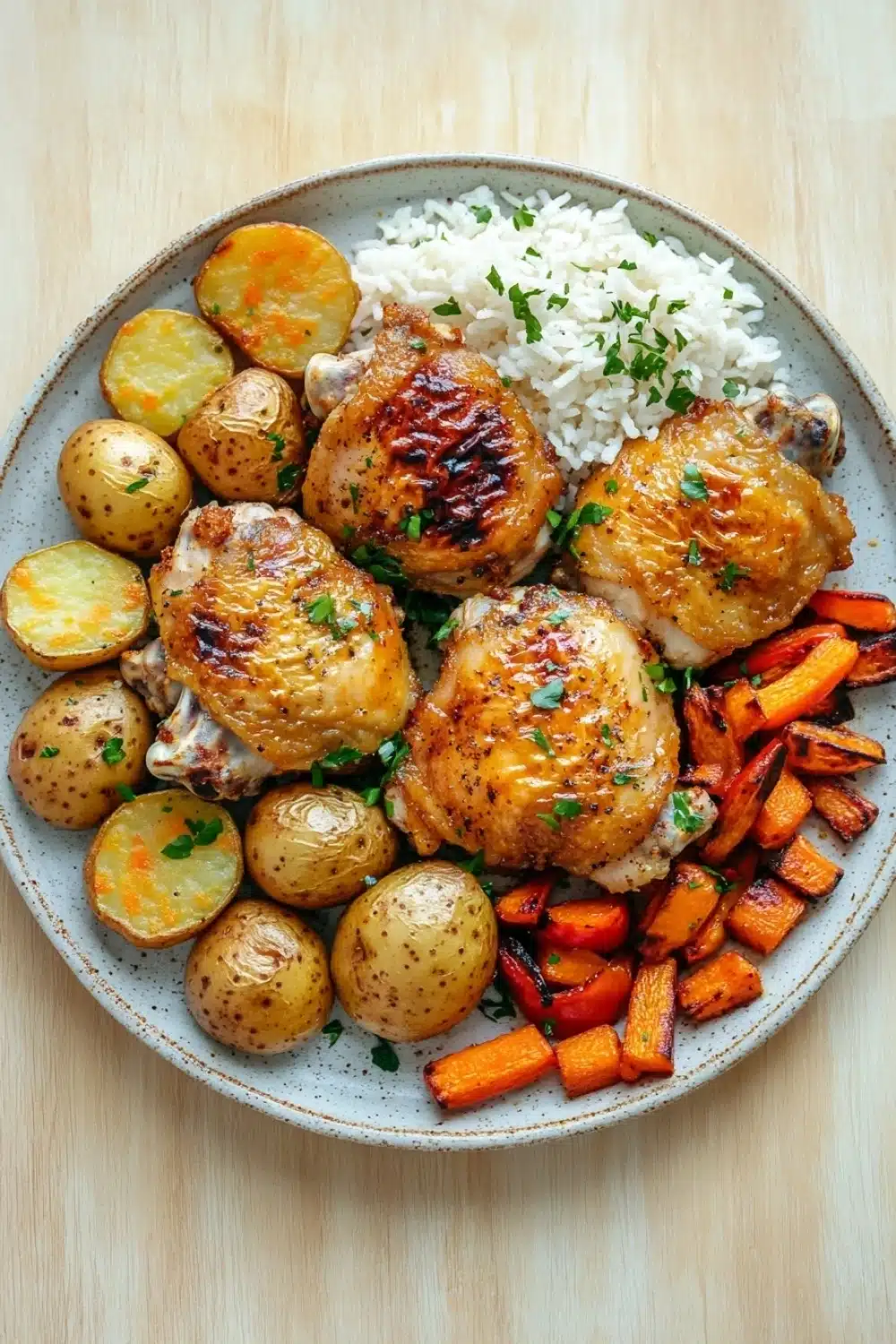 Marinated chicken thigh dinner - the image shows a plate of food with a variety of ingredients. on the left side of the plate, there are roasted potatoes, carrots, and rice. the potatoes are golden brown and appear to be seasoned with herbs and spices. the carrots are bright orange and look freshly cooked. the rice is white and fluffy, and there are a few sprigs of parsley scattered on top. the plate is sitting on a wooden table.