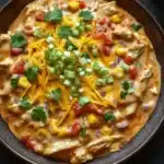 Maxis kitchen creamy chicken enchilada skillet - the image is a close-up of a bowl of nachos. the bowl is made of dark brown ceramic and is placed on a black surface. the nacho is topped with shredded cheese, diced tomatoes, corn kernels, and green onions. there are also a few sprigs of cilantro scattered around the bowl. in the background, there are two green jalapeno peppers. the overall color scheme of the image is warm and inviting.
