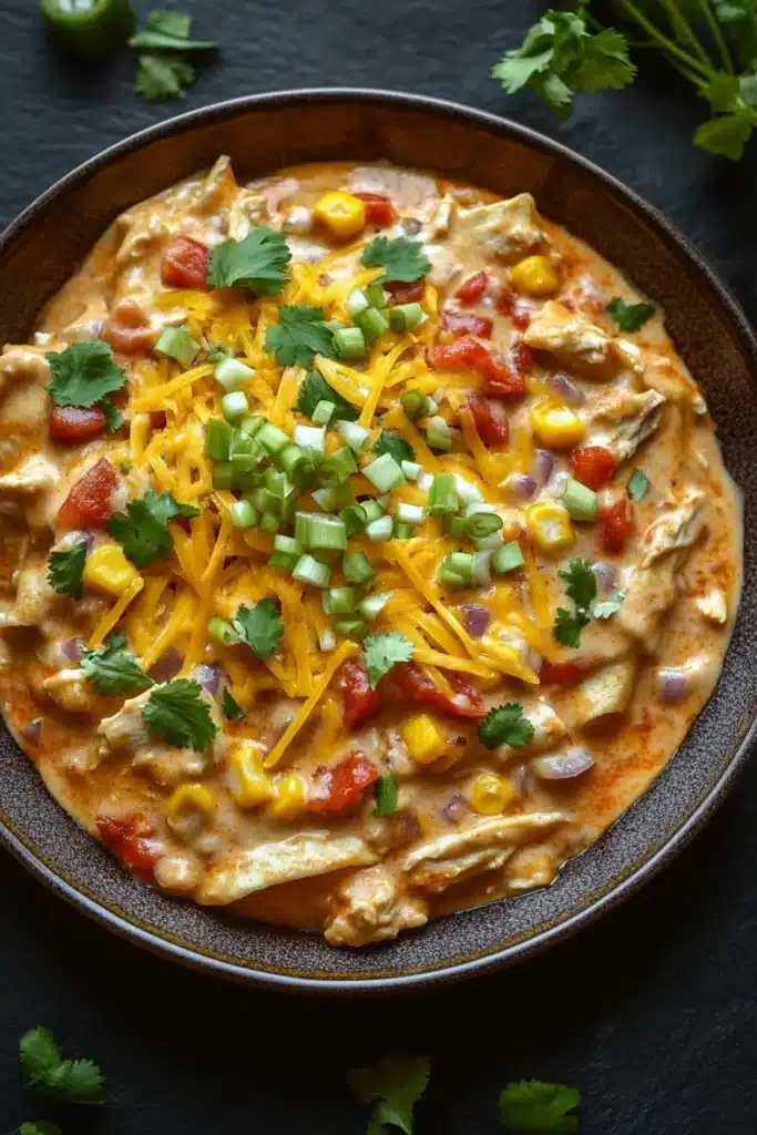 Maxis kitchen creamy chicken enchilada skillet - the image is a close-up of a bowl of nachos. the bowl is made of dark brown ceramic and is placed on a black surface. the nacho is topped with shredded cheese, diced tomatoes, corn kernels, and green onions. there are also a few sprigs of cilantro scattered around the bowl. in the background, there are two green jalapeno peppers. the overall color scheme of the image is warm and inviting.
