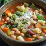 Minestrone soup italian - the image is a close-up of a bowl of soup. the soup appears to be a vegetable soup with white beans, carrots, celery, and other vegetables mixed in. the bowl is made of ceramic and is sitting on a dark grey surface. there is a sprig of fresh parsley on the side of the bowl. the broth is a rich orange color and there are small chunks of red beans scattered throughout the soup. on top of the soup, there is a layer of grated cheese. the overall appearance of the dish is colorful and appetizing.