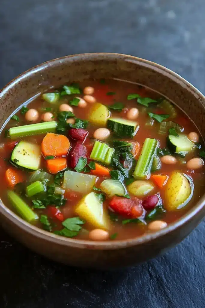 Minestrone soup no pasta - the image is a close-up of a bowl of soup. the soup appears to be a vegetable soup with chunks of white beans, carrots, celery, and other vegetables mixed in. the bowl is made of ceramic and is sitting on a dark grey surface. there are also some sprigs of parsley scattered throughout the soup, adding a pop of green color to the dish. the broth is a reddish-brown color and looks thick and creamy.