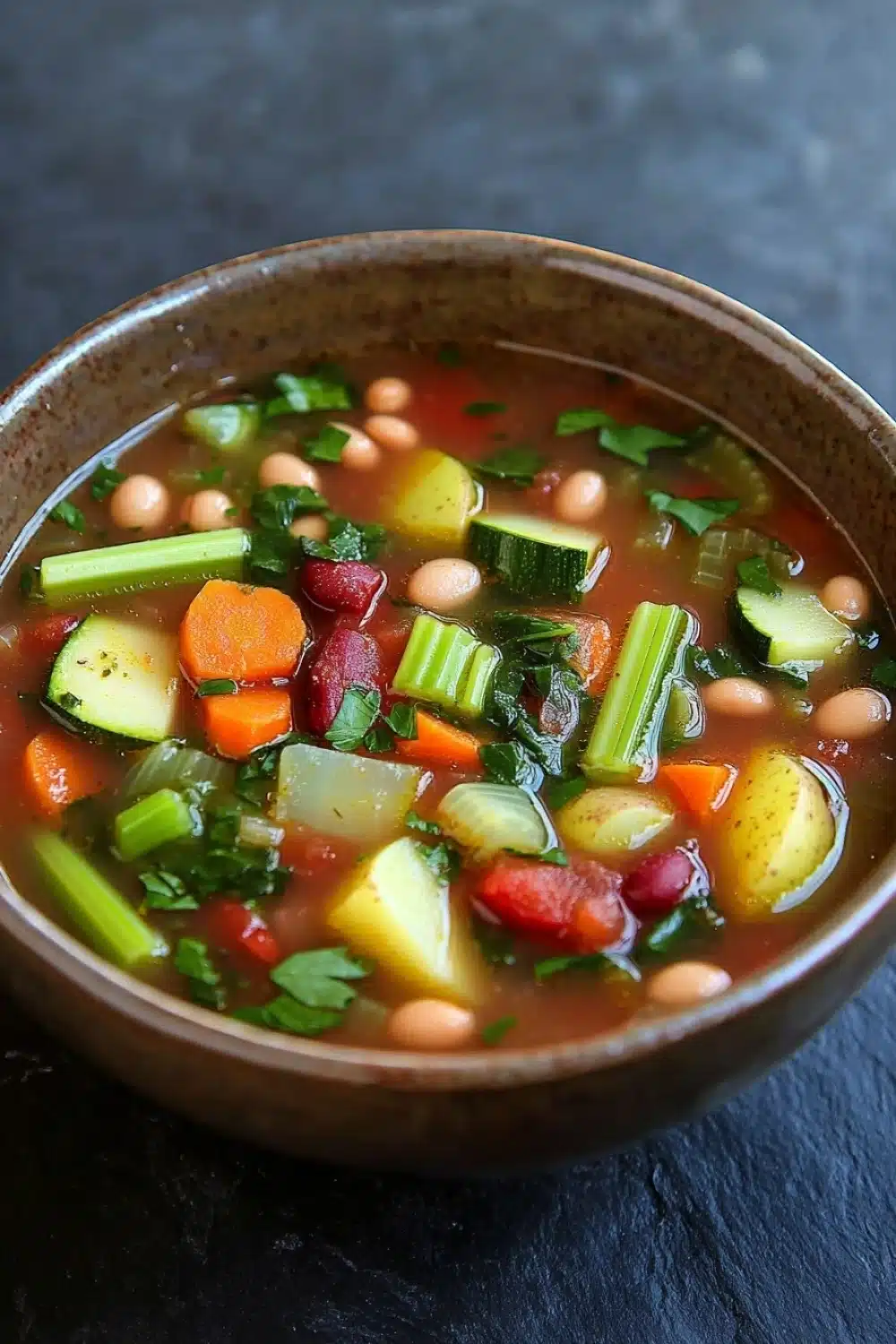 Minestrone soup no pasta - the image is a close-up of a bowl of soup. the soup appears to be a vegetable soup with chunks of white beans, carrots, celery, and other vegetables mixed in. the bowl is made of ceramic and is sitting on a dark grey surface. there are also some sprigs of parsley scattered throughout the soup, adding a pop of green color to the dish. the broth is a reddish-brown color and looks thick and creamy.