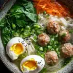 Molly yeh slow cooker asian wedding soup - the image is a close-up of a bowl of ramen soup. the bowl is made of ceramic and has a speckled pattern on the rim. the soup is a light green color and is filled with noodles, meatballs, sliced carrots, green onions, and a hard-boiled egg. the noodles are white and appear to be thin and fluffy. there are also some green leafy vegetables scattered throughout the soup. on top of the noodles, there is a sprinkle of sesame seeds. the overall appearance of the dish is fresh and appetizing.