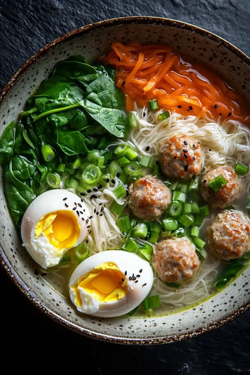 Molly yeh slow cooker asian wedding soup - the image is a close-up of a bowl of ramen soup. the bowl is made of ceramic and has a speckled pattern on the rim. the soup is a light green color and is filled with noodles, meatballs, sliced carrots, green onions, and a hard-boiled egg. the noodles are white and appear to be thin and fluffy. there are also some green leafy vegetables scattered throughout the soup. on top of the noodles, there is a sprinkle of sesame seeds. the overall appearance of the dish is fresh and appetizing.
