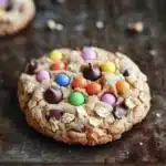 Monster cookie chewy - the image shows a close-up of a freshly baked cookie on a baking tray. the cookie is round and golden brown in color, with a crumbly texture. it is decorated with colorful m&m's in various colors, including red, orange, yellow, green, blue, and purple. the cookies are scattered on top of each other, with some of them overlapping each other. the tray is lined with parchment paper, and there are a few more cookies visible in the background. the overall mood of the image is warm and inviting.