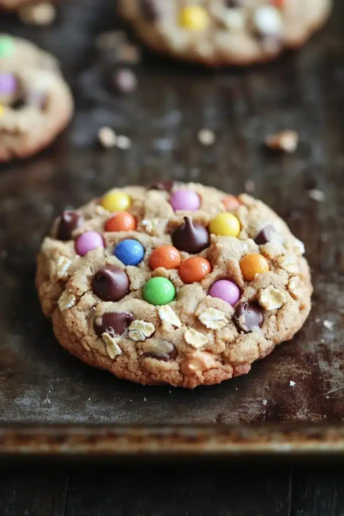 Monster cookie chewy - the image shows a close-up of a freshly baked cookie on a baking tray. the cookie is round and golden brown in color, with a crumbly texture. it is decorated with colorful m&m's in various colors, including red, orange, yellow, green, blue, and purple. the cookies are scattered on top of each other, with some of them overlapping each other. the tray is lined with parchment paper, and there are a few more cookies visible in the background. the overall mood of the image is warm and inviting.