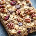 Monster oat cookie bar - the image is a close-up of a square-shaped dessert bar. the bar appears to be made with oats, nuts, and dried cranberries, as well as chocolate chips scattered throughout. the oats are golden brown and the nuts are scattered throughout the bar, giving it a crunchy texture. the cranberries are bright red and appear to be ripe and juicy. the chocolate chips are dark and add a pop of color to the dish. the background is a dark grey countertop, making the bar stand out even more.