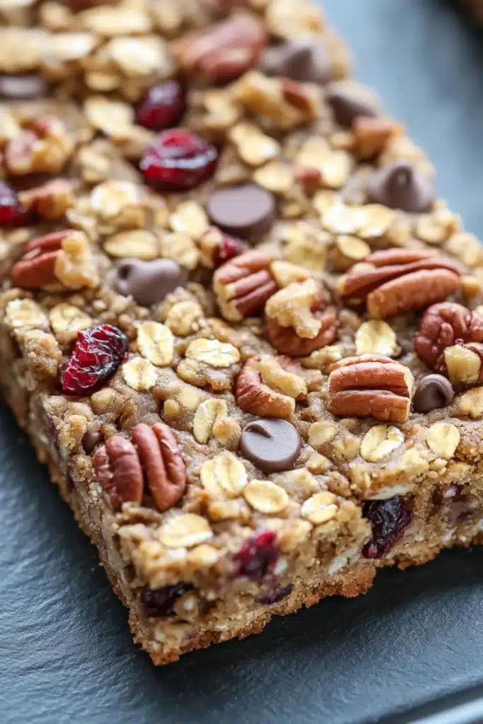 Monster oat cookie bar - the image is a close-up of a square-shaped dessert bar. the bar appears to be made with oats, nuts, and dried cranberries, as well as chocolate chips scattered throughout. the oats are golden brown and the nuts are scattered throughout the bar, giving it a crunchy texture. the cranberries are bright red and appear to be ripe and juicy. the chocolate chips are dark and add a pop of color to the dish. the background is a dark grey countertop, making the bar stand out even more.