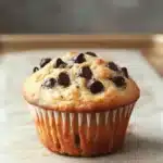 Muffin dolci allo yogurt e cioccolato - the image is of a freshly baked muffin on a wooden cutting board. the muffin is golden brown in color and has a crumbly texture. it is topped with chocolate chips, which are scattered across the top of the muffin. the background is blurred, but it appears to be a kitchen countertop with a gray countertop.