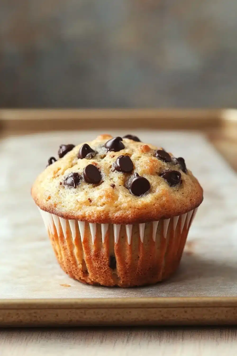 Muffin dolci allo yogurt e cioccolato - the image is of a freshly baked muffin on a wooden cutting board. the muffin is golden brown in color and has a crumbly texture. it is topped with chocolate chips, which are scattered across the top of the muffin. the background is blurred, but it appears to be a kitchen countertop with a gray countertop.