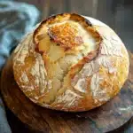 No knead bread dutch oven 2 hour - the image shows a round loaf of bread on a wooden cutting board. the bread appears to be freshly baked and has a golden brown crust on top. the inside of the bread is visible, with a crumbly texture and a soft, fluffy interior. the cutting board is placed on a dark wooden table with a blue cloth napkin on the side. the background is blurred, making the bread the focal point of the image.