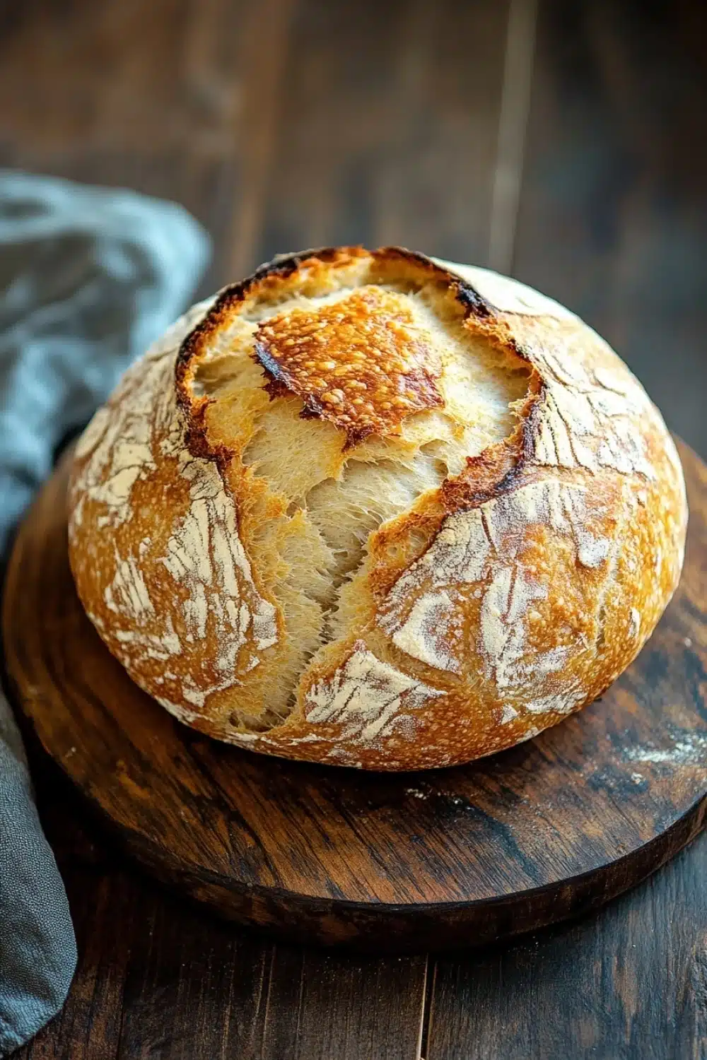 No knead bread dutch oven 2 hour - the image shows a round loaf of bread on a wooden cutting board. the bread appears to be freshly baked and has a golden brown crust on top. the inside of the bread is visible, with a crumbly texture and a soft, fluffy interior. the cutting board is placed on a dark wooden table with a blue cloth napkin on the side. the background is blurred, making the bread the focal point of the image.