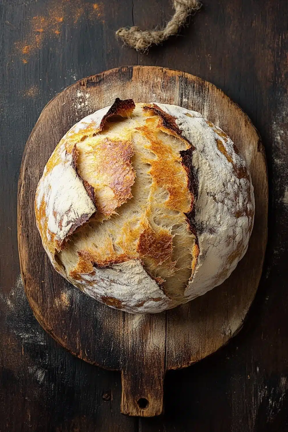 No knead bread dutch oven rise - the image shows a round loaf of bread on a wooden cutting board. the bread appears to be freshly baked, with a golden brown crust and a soft, fluffy interior. the edges of the bread are slightly frayed, indicating that it has been cut in half. the cutting board is made of dark wood and has a rustic, weathered look. there is a small piece of twine hanging from the top right corner of the cutting board, which is likely used to hold the bread in place. the background is a dark, textured surface, possibly a table or countertop.