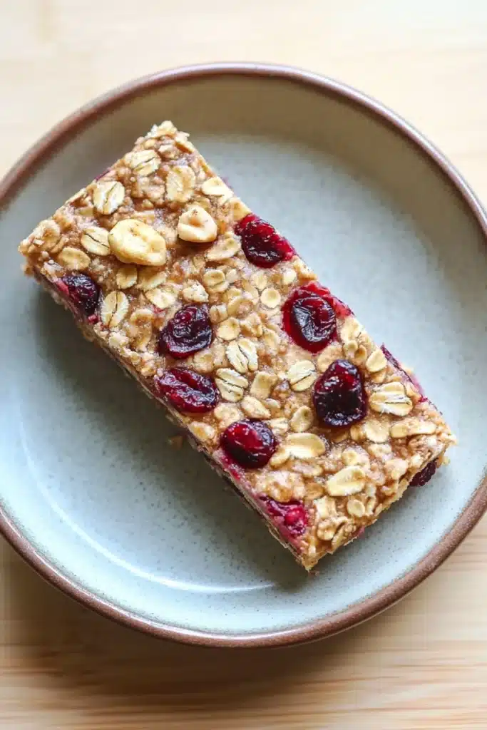 Oatmeal breakfast bars freezer - the image shows a rectangular bar of granola on a light blue plate. the granola appears to be made with oats, nuts, and dried cranberries. the cranberries are bright red and appear to be ripe and juicy. the plate is sitting on a wooden table.
