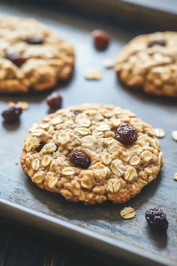 Oatmeal cookie lactation - the image shows a close-up of a freshly baked oatmeal cookie on a baking tray. the cookie is golden brown and has a crumbly texture. it is topped with dried cranberries and scattered nuts. the tray is lined with parchment paper and there are a few more cookies visible in the background. the overall mood of the image is warm and inviting.
