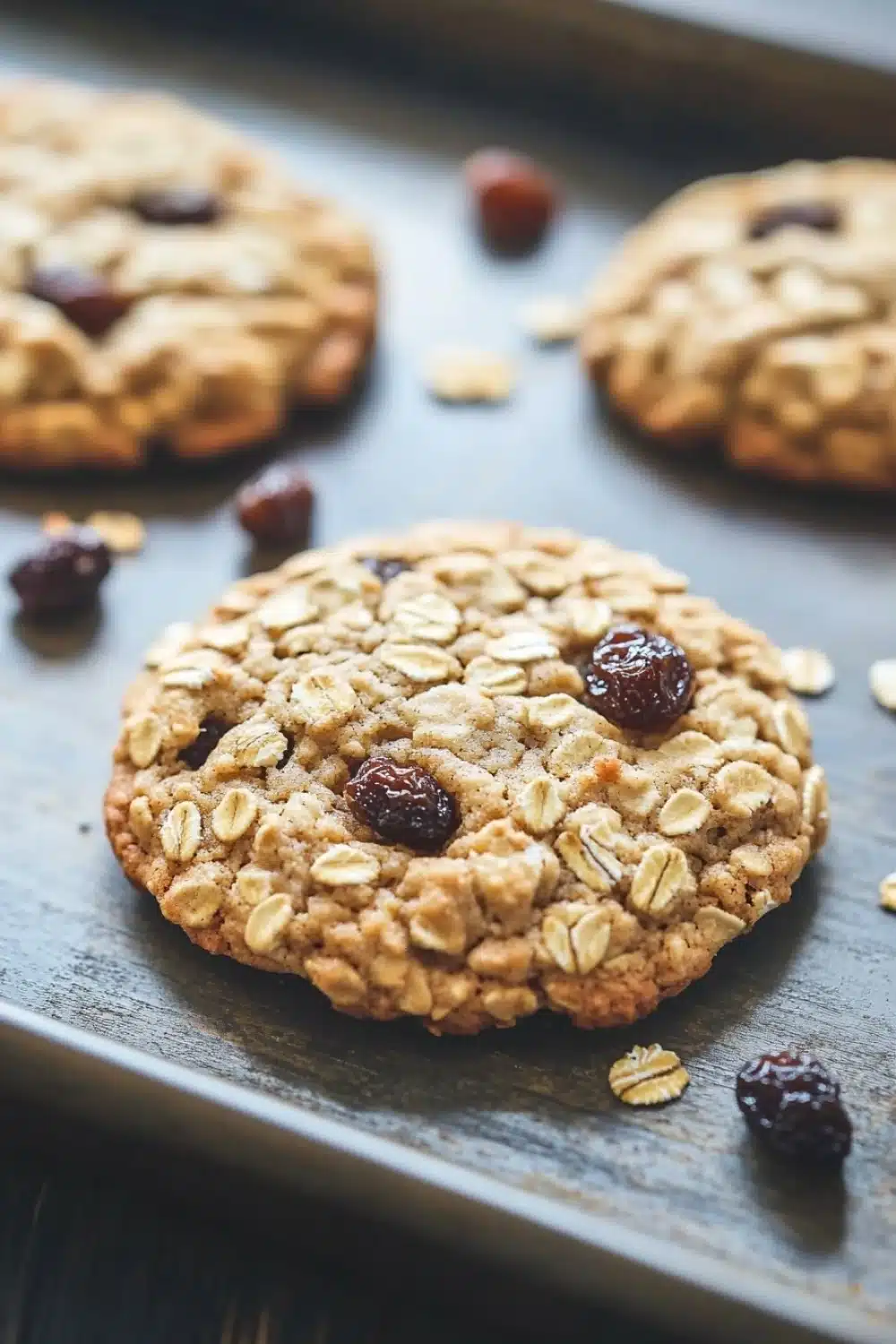 Oatmeal cookie lactation - the image shows a close-up of a freshly baked oatmeal cookie on a baking tray. the cookie is golden brown and has a crumbly texture. it is topped with dried cranberries and scattered nuts. the tray is lined with parchment paper and there are a few more cookies visible in the background. the overall mood of the image is warm and inviting.