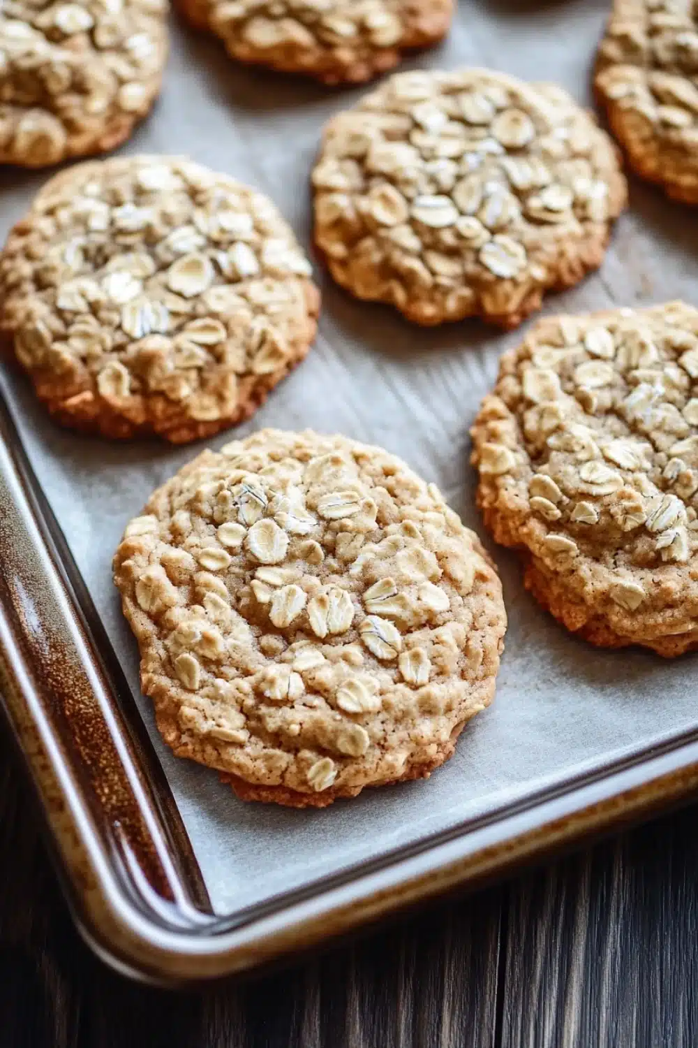 Oatmeal cookies - the image shows a baking tray with freshly baked oatmeal cookies on it. the cookies are round and golden brown in color, with oats scattered throughout. they are arranged in a single layer on the tray, with some overlapping each other. the tray is lined with parchment paper, and the cookies appear to be freshly baked. the background is a wooden table, and there is a dusting of flour on the left side of the tray.