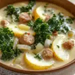 Olive garden zuppa toscana soup slow cooker - the image is a close-up of a bowl of soup. the soup appears to be a creamy yellow color and is filled with chunks of meatballs, potatoes, and greens. the meatballs are arranged in a circular pattern and are scattered throughout the soup. there are also some chopped onions and herbs on top of the soup, adding a pop of green color to the dish. the bowl is made of ceramic and is sitting on a wooden table.