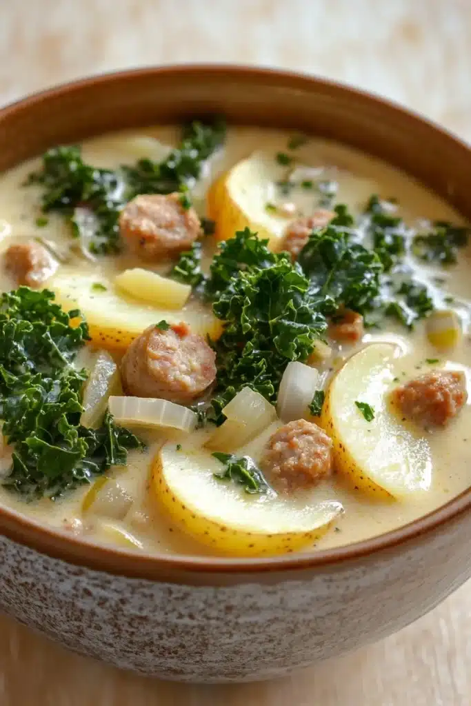Olive garden zuppa toscana soup slow cooker - the image is a close-up of a bowl of soup. the soup appears to be a creamy yellow color and is filled with chunks of meatballs, potatoes, and greens. the meatballs are arranged in a circular pattern and are scattered throughout the soup. there are also some chopped onions and herbs on top of the soup, adding a pop of green color to the dish. the bowl is made of ceramic and is sitting on a wooden table.