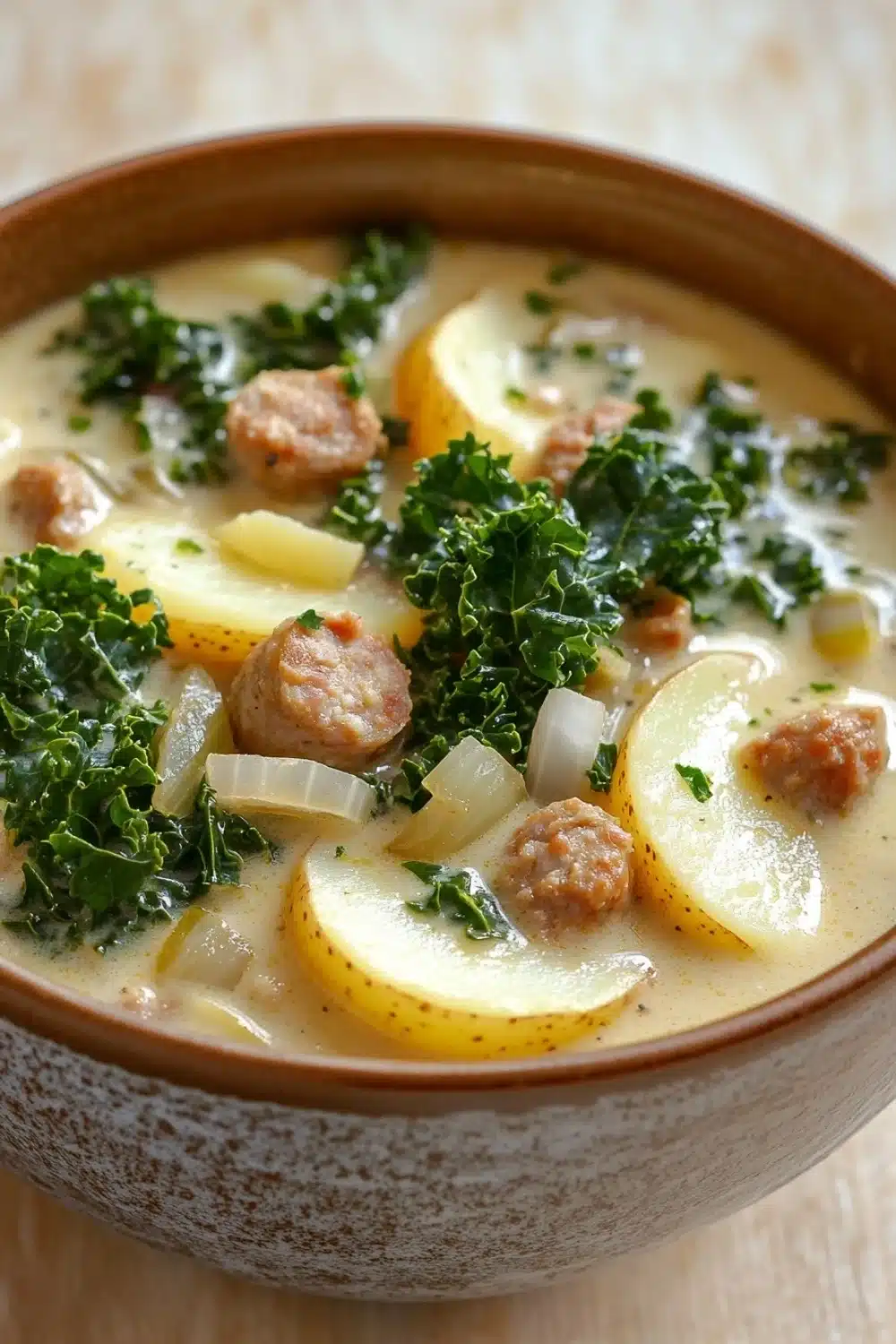 Olive garden zuppa toscana soup slow cooker - the image is a close-up of a bowl of soup. the soup appears to be a creamy yellow color and is filled with chunks of meatballs, potatoes, and greens. the meatballs are arranged in a circular pattern and are scattered throughout the soup. there are also some chopped onions and herbs on top of the soup, adding a pop of green color to the dish. the bowl is made of ceramic and is sitting on a wooden table.