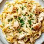 One pot chicken fettuccine - the image is a close-up of a plate of pasta dish. the pasta appears to be fettuccine alfredo, with chunks of chicken and parmesan cheese on top. the dish is garnished with fresh parsley leaves. the plate is round and has a light blue rim. the background is a white wooden table.
